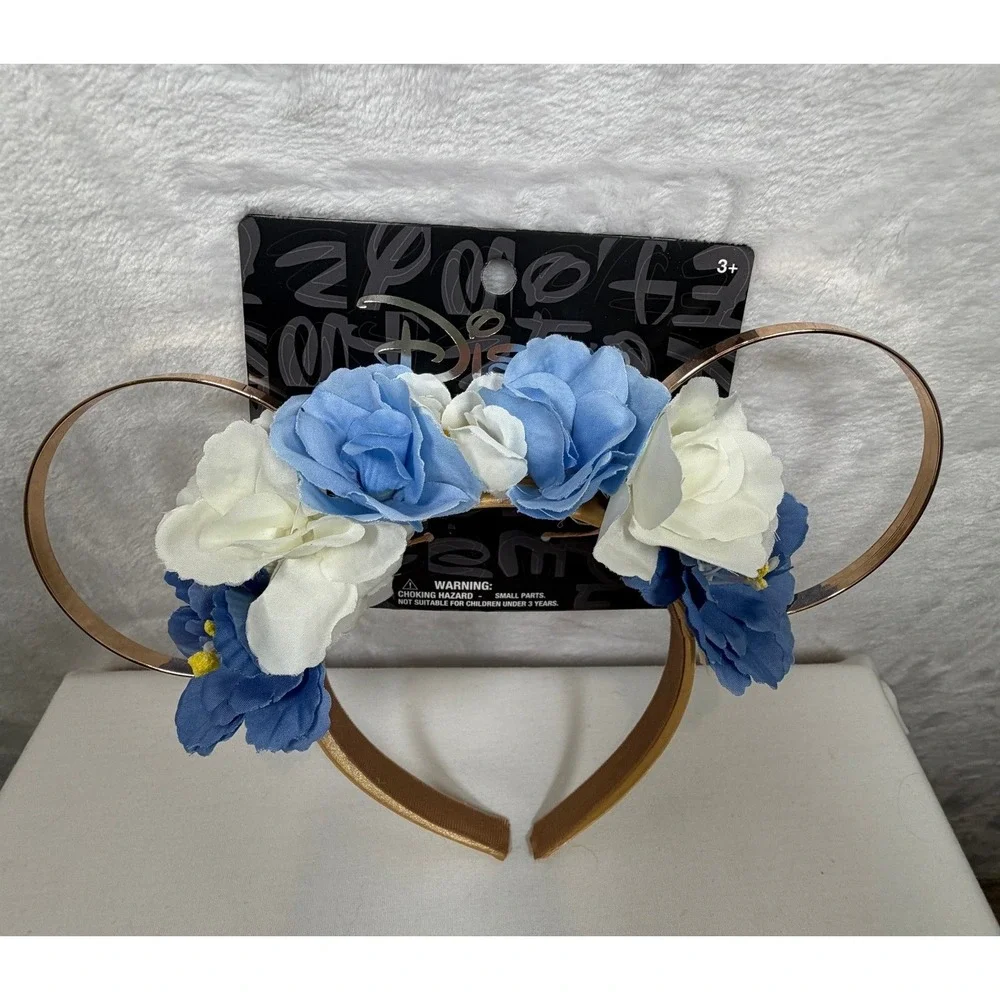 Disney Minnie Mouse Floral Wire Ears Headband Gold Blue White Kids New